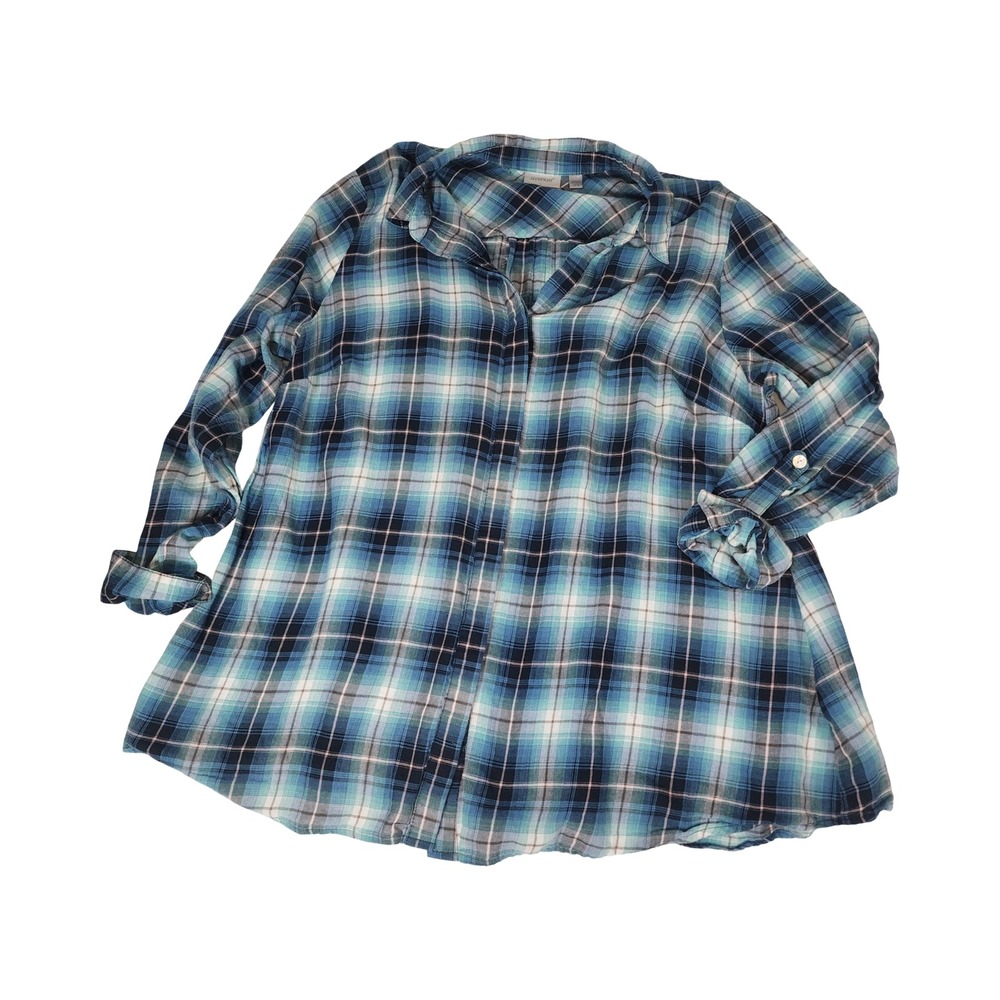 Avenue Blue White Plaid Cotton Roll Tab Button Down Shirt Plus Size 14/16